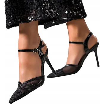 Dámské lodičky Lodičky Černé Dámské Jehlové Podpatky Otevřená Pata s Cirkony Pohodlné vel. 38