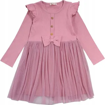 Dívčí šaty ŠATY žebrované TYL volánky mašle bavlna BREEZE vřesová 104 H107R