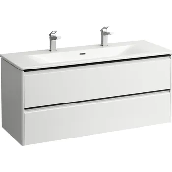 Koupelnový nábytek LAUFEN PALACE - umyvadlo slim se skříňkou 120 cm, se 2 zásuvkami, vč. dělícího systému do zásuvek. Lze instalovat standardní nebo prostorově úsporný sifon H894250, s držákem z eloxovaného hliníku (H861709) Barva: Bílá mat, Provedení: 2 otvory pro baterii