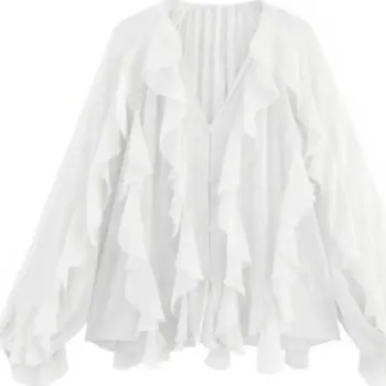 Dámská košile Dámská košile dlouhý rukáv Výstřih do V Elegantní košile s volánky Zapínání na knoflíky Lehký stylový top pro každodenní nošení Polyester bílá M