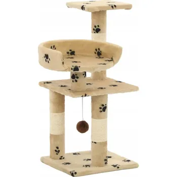 Škrabadlo pro kočky s míčkem a platformami, béžové s tlapkami, 30x30x65 cm