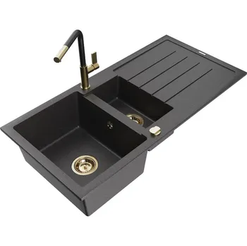 MEXEN/S - Andres granitový dřez s odkapávačem včetně baterie Flora, černá nakrapiany 6515-76-670401-57-G