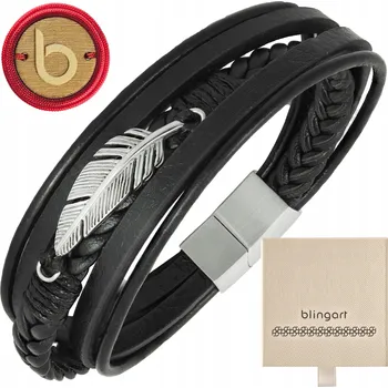 Náramek Dámský kožený náramek s pírkem, pletený