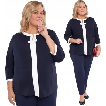 Tmavě modrá halenka s bílým lemováním a mašlí, velikost 52/54