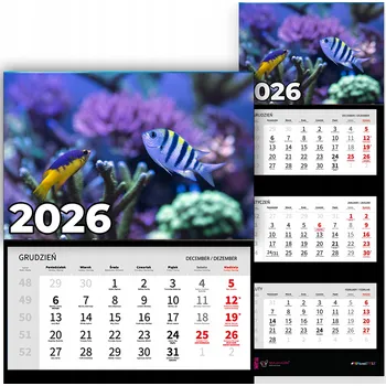 Kalendář Nástěnný Trojdílný Kalendář 2026 - Kancelářský Závěsný Kalendář - Motivy Mořských Ryb