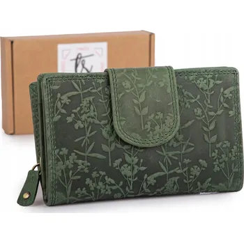 Velká dámská kožená peněženka ve vintage stylu s květinovým reliéfem zelená