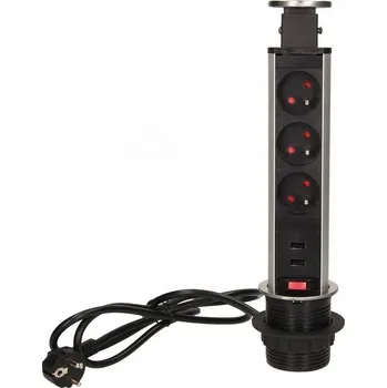 Elektrická zásuvka ORNO Zásuvka 3x2P+Z s 2x USB, nerezová ocel, 6 cm, kabel 1,8 m ON-AE-1350