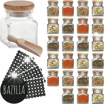 Sklenice Skleničky na koření 120 ml 24 ks + 308 etiket na koření 3,5 cm + naběračka