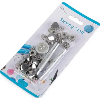 Knoflíky stiskací Wuk Ø15 mm na středně silné látky, s ručním kovovým aplikátorem, barva 1 nikl