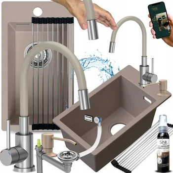 Kuchyňský dřez GRANITOVÝ DŘEZ JEDNOKOMOROVÝ béžový s flexibilní baterií MALÝ ÚZKÝ