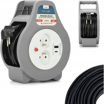 Napájecí kabel PRODLUŽOVACÍ KABEL BUBNÍK 2x230V 2x USB-C 20W QC 3.0 NAVÍJECÍ 10 METRŮ 3x1,0mm2