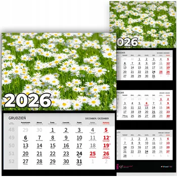 Kalendář Nástěnný Trojdílný Kalendář 2026 Kancelářský Závěsný Sedmikrásky Mix Vzorů