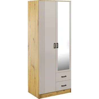 Šatní skříň Skříň Kami drážkovaná se zrcadlem dvoudveřová a se dvěma zásuvkami - Mebelbos Tmavý dub / ořech 80x205.6 cm