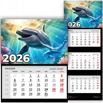 Obraz Nástěnný Trojdílný Kalendář 2026 Závěsný Kancelářský Delfíni Mix Vzorů