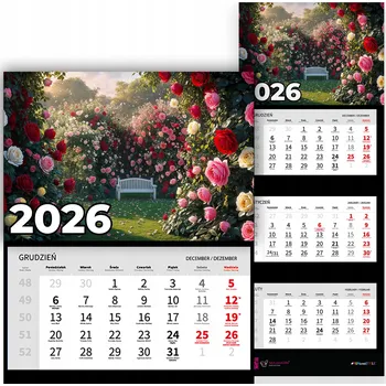 Kalendář Nástěnný Kalendář Trojdílný 2026 Rok Kancelářský Závěsný Popínavé Růže Mix Vzorů
