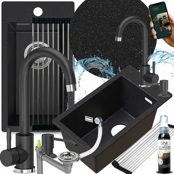 Granitový dřez GRANITOVÝ JEDNODŘEZ s baterií ČERNÝ S TEČKAMI MALÝ ÚZKÝ