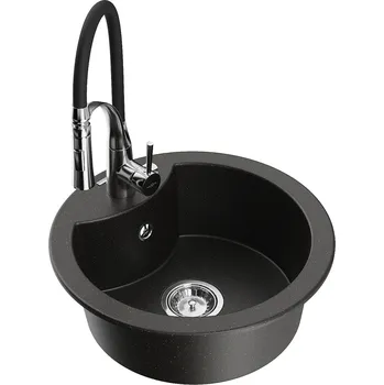 Granitový dřez MEXEN/S - Diego granitový dřez 1-miska včetně baterie Aster, černá/zlatá metalik - 6512-75-73450-70 6512-75-73450-07