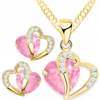 Náhrdelník Sada Zlatý náhrdelník Srdce a Náušnice Růžové křišťálové srdce STŘÍBRO 925