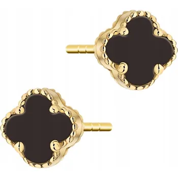 Náušnice ZLATÉ NÁUŠNICE ČTYŘLÍSTEK pro štěstí, zlato 585, černé