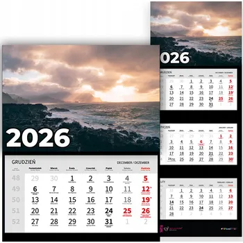 Kalendář Trojdílný kalendář na rok 2026, nástěnný, kancelářský - Příroda, pobřeží, různé vzory