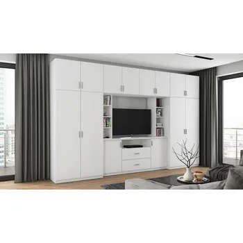 Obývací stěna Nábytková Stěna Moderní bílá do obýváku s TV skříňkou a šatní skříní Dako, nábytková sestava 380 cm