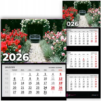 Kalendář Nástěnný Kalendář Trojdílný na Rok 2026 Kancelářský Závěsný Zahrada Mix Vzorů