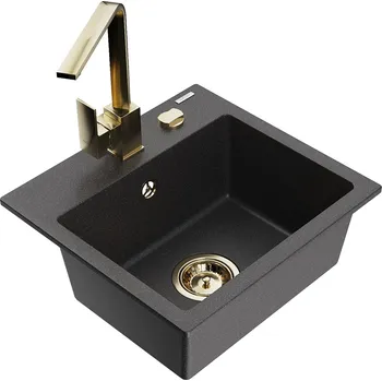 Kuchyňský dřez MEXEN/S - Milo granitový dřez 1-miska včetně baterie Rita, černý kropenatý 6505-76-670300-50