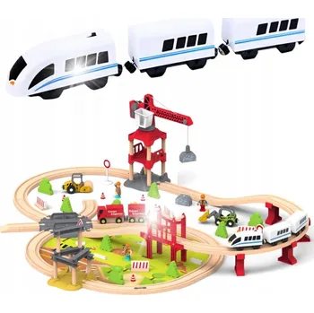 Vláček a vláčkodráha DŘEVĚNÁ VLÁČKODRÁHA S MOSTEM, TUNELEM A ZVUKEM + VLAK S VAGÓNY 104 dílů