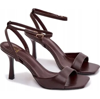 Dámské sandále DÁMSKÉ SANDÁLY NA JEHLOVÉM PODPATKU S PÁSKEM KOLEM KOTNÍKU EKO KŮŽE ČOKOLÁDOVÉ 38