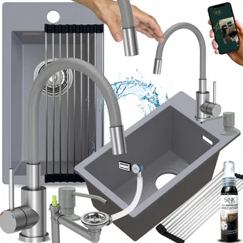 Granitový dřez GRANITOVÝ JEDNODŘEZ ŠEDÝ s flexibilní baterií MALÝ ÚZKÝ