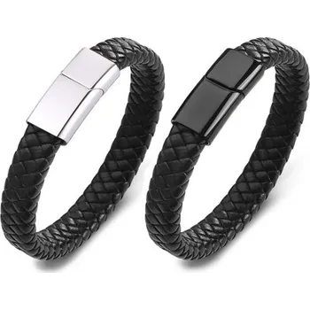 Šperk Pánský kožený proplétaný náramek Hyginus Černý, Délka 18 cm, Barva zapínaní Stříbrná Impress Jewelry 210804190714