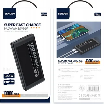 Powerbanka Powerbanka 10 000 mAh 22,5 W PD Černá (Li-Po) Rychlé Nabíjení SENDEM PH80