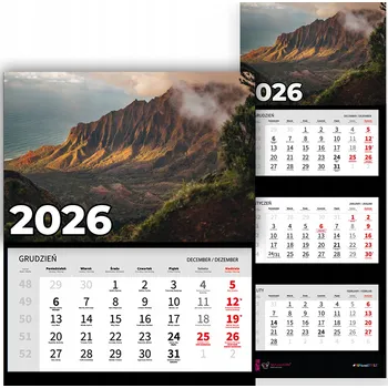 Kalendář Trojdílný kalendář 2026 Závěsný Nástěnný Kancelářský Příroda Kopce Vzory