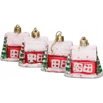 Vánoční dekorace Vánoční Baňky domeček červený s bílou střechou a zeleným stromečkem, 4 kusy