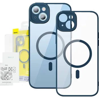 Pouzdro na mobilní telefon Sada průhledného magnetického pouzdra a tvrzeného skla Baseus Frame pro iPhone 14 Plus (modrá)