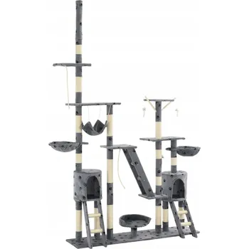 Víceúrovňové škrabadlo pro kočky s domečky a houpací sítí, šedé s tlapkami, 147x35