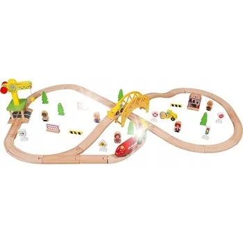 Vláček a vláčkodráha DŘEVĚNÁ VLÁČKODRÁHA + JEŘÁB + VAGÓNY + BAGR město 70 dílů