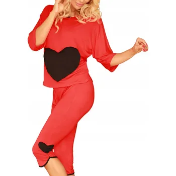 Dámské noční prádlo DÁMSKÉ LETNÍ PYŽAMO Komplet Vigo M Červené Viskóza 3/4 Rukáv a Kalhoty Srdce