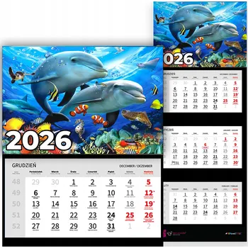 Kalendář Nástěnný Trojdílný Kalendář 2026 - Kancelářský Závěsný Kalendář - Motivy Mořského Života