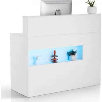 Recepční stůl VEVOR, obdélníkový pultový stůl s LED osvětlením, 122,7 x 46,7 x 94,9 cm, kancelářský recepční stůl s LED osvětlením, 2 zásuvkami a zásuvkami, pro pokladny, vstupní halu, kosmetický salon a kancelář, bílý