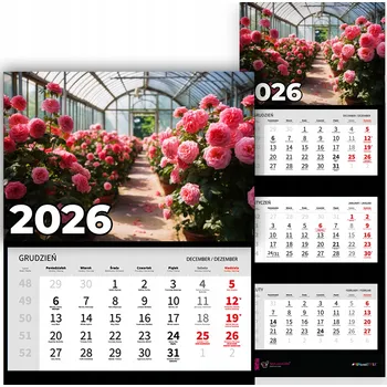 Kalendář Nástěnný Kalendář Trojdílný 2026 Rok Kancelářský Skleník Květiny Mix Vzorů