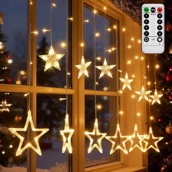 Vánoční dekorace SVĚTELNÝ ŘETĚZ ZÁVĚS VÁNOČNÍ SVĚTÝLKA LED VISÍCÍ HVĚZDIČKY TEPLÁ BÍLÁ