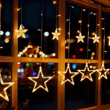 Vánoční dekorace Světelný závěs LED Hvězdičky Teplá bílá 8 režimů Vánoční osvětlení 2.4 m