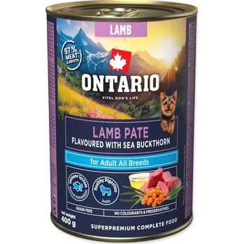 Krmivo pro psa Konzerva Ontario Adult jehněčí pate s příchutí rakytníku 400g