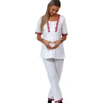 Dámské pyžamo Bílé a jemně vínově květované kojící i těhotenské pyžamo lemované vínovou krajkou 1D1206 vínová m