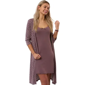 Dámská noční košile Hnědofialový komplet - košilka a župan s růžovými srdíčky - jemný pružný 1D1747 hnědá s