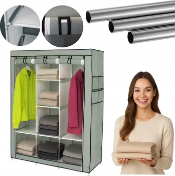 Šatní skříň LÁTKOVÁ ŠATNÍ SKŘÍŇ SKŘÍŇ NA OBLEČENÍ S POLICEMI PROSTORNÁ XL ŠEDÁ