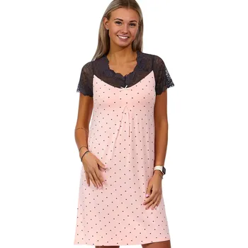 Dámská noční košile Růžová a černá noční košilka jemná pro ženy s puntíky a krajkou 1D1220 růžová xxl