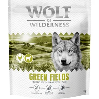 Krmivo pro psa 1kg Wolf of Wilderness „Green Fields“ pro dospělé psy, kuřecí s jehněčím granule pro psy