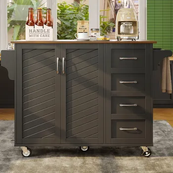 Konferenční stolek Černý kuchyňský servírovací stolek s dvířky s diagonálními pruhy a nastavitelnými přepážkami